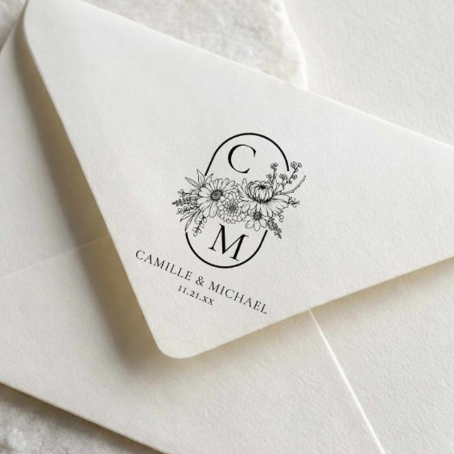 Elegant blomstergravyr vigselmonogram Självbläckan Stämpel (Fall Floral Wedding Monogram Stamp)