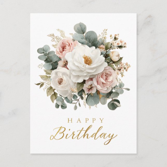 Elegant blomstergrej "Grattis på födelsedagen"  Vykort (Framsida)