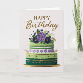 Elegant blomstergrön lila guld födelsedagstårta kort