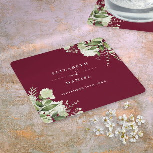 Elegant blomstergrönska Burgunderröd Bröllop Underlägg Papper Kvadrat