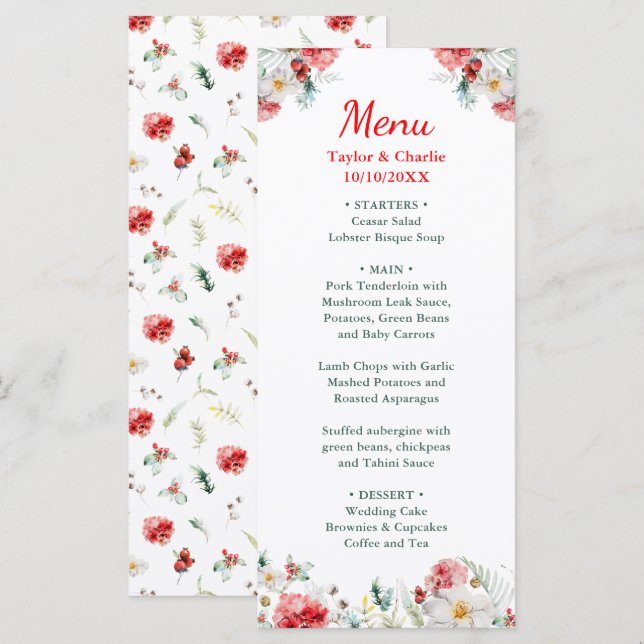 Elegant blomstergrönska Vinterbröllop Meny (Fram/baksida)