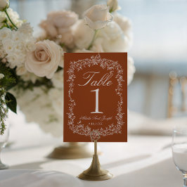 Elegant blomstergul bröllopsbordnummer i bränt ora inbjudningar