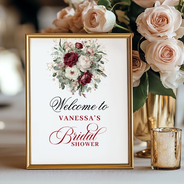 Elegant blomstergul burgunder Bröllopsdusch skylt (Chic Floral Blush Burgundy Bridal Shower Sign)