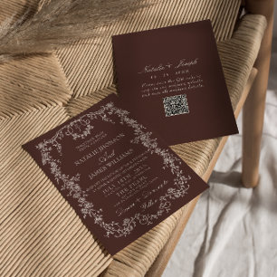 Elegant blomstergul chokladbrun QR-kod bröllop Inbjudningar