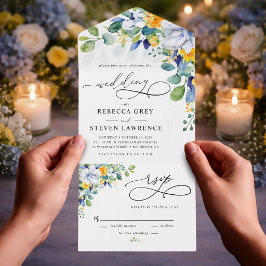 Elegant blomstergul och blå akvarellbröllop