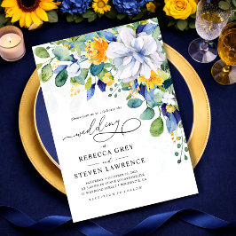 Elegant blomstergul och blå akvarellbröllop inbjudningar