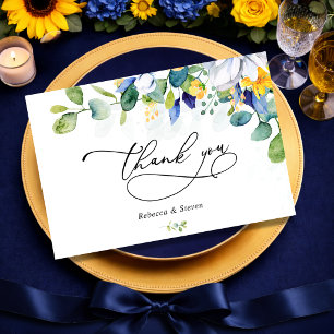 Elegant blomstergul och blå akvarellbröllop tack kort