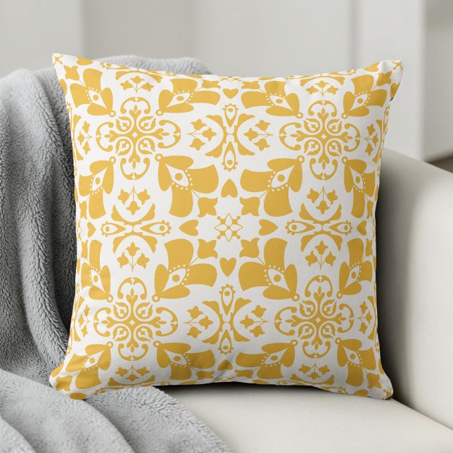 Elegant blomstergul symmetrisk modern mönster kudde (Elegant Floral Yellow Pattern Modern Symmetrical Throw Pillow)