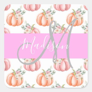 Elegant blomstergul vit rosa peach pumpor monogram fyrkantigt klistermärke