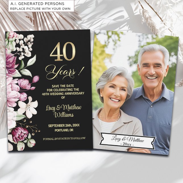 Elegant blomsterguld 40-års bröllopsjubileum Foto Spara Datumet (Skapare uppladdad)