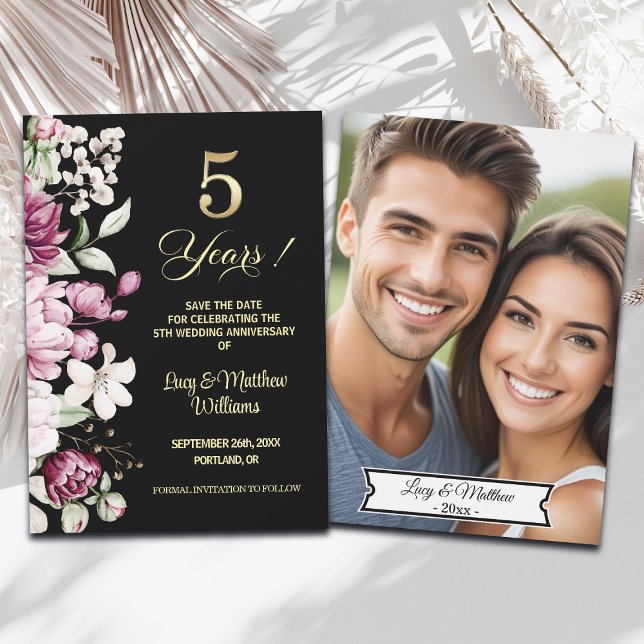 Elegant blomsterguld 5-års bröllopsjubileum Foto Spara Datumet (Skapare uppladdad)