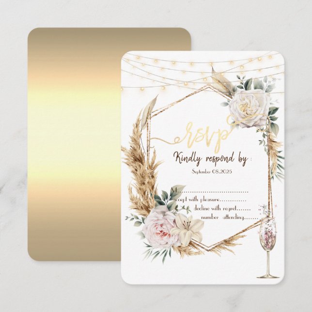 Elegant blomsterguld ram champagneglas RSVP Inbjudningar (Fram/baksida)