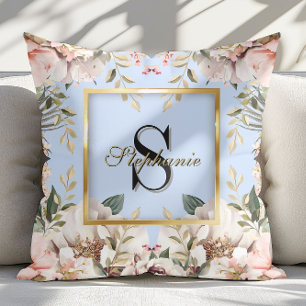 Elegant blomsterguld ram Monogram Ljusblå Kudde