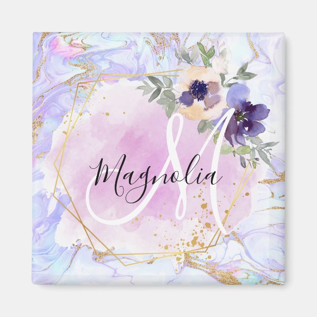 Elegant blomsterguldblå regnbågsskulpturer monogra magnet (Framsidan)