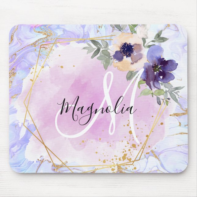 Elegant blomsterguldblå regnbågsskulpturer monogra musmatta (Framsidan)