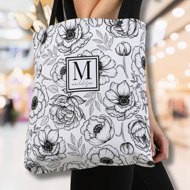 Elegant blomsterinitial monogram tygkasse (Elegant Floral Initial Monogram Tote Bag)
