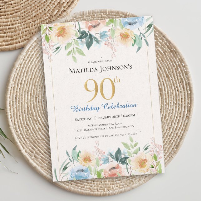 Elegant blomsterinspirerad 90-årsfest inbjudningar (Elegant Floral 90th Birthday Party Invitation)