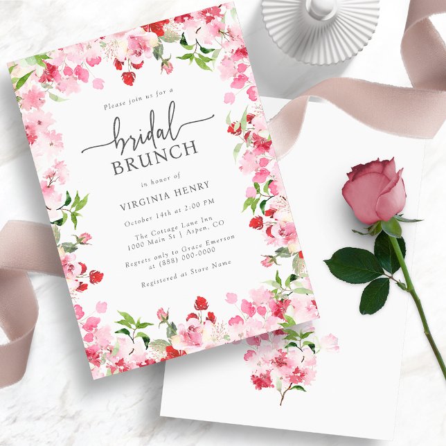 Elegant blomsterinspirerad bröllopsbrunch inbjudningar (Elegant Red and Pink Bridal Brunch Invitation - Watercolor Red and Pink Floral)