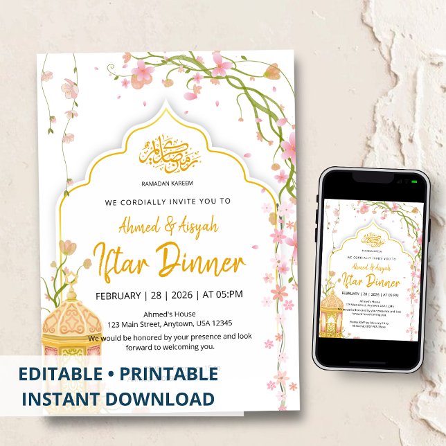 Elegant blomsterinspirerad rosa och guld Iftar-mid Inbjudningar (Skapare uppladdad)