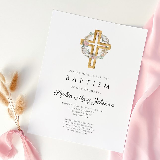 Elegant blomsterkrans Kors Dop Inbjudan (Elegant Floral Wreath Cross Baptism Invitation)