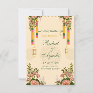 Elegant blomsterkrans Mandap bröllopsinbjudan Spara Datumet