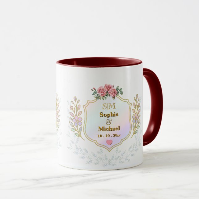 Elegant blomsterkrans med förgyllda initialer mono mugg (Framsida höger)