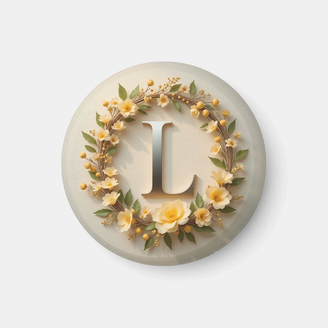 Elegant blomsterkrans med gyllene bokstav L Magnet (Framsidan)