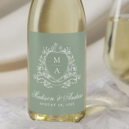 Elegant blomsterkrans monogram ljusgrön vigsel vinflaska etikett