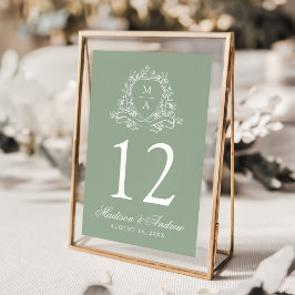 Elegant blomsterkrans monogram sagegrön bröllop bordsnummer