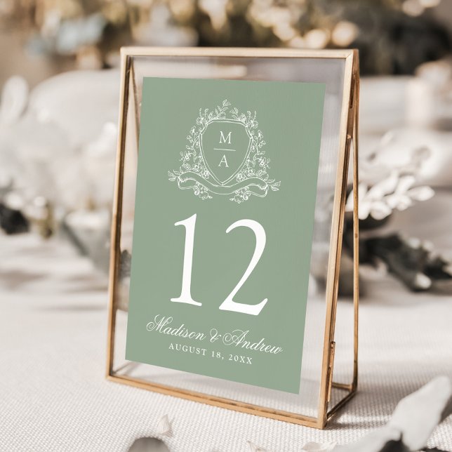 Elegant blomsterkrans monogram sagegrön bröllop bordsnummer (Skapare uppladdad)