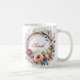 Elegant blomsterkrans Watercolor Personligt Namn Kaffemugg