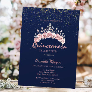 Elegant blomsterkrona marinblå Quinceañera Inbjudningar