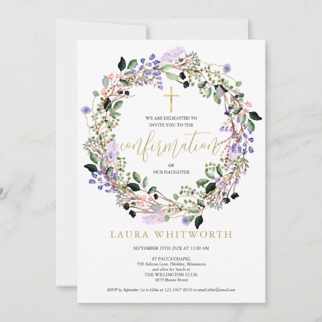 Elegant blomsterlavendelgirlang bekräftelse inbjudningar (Framsida)