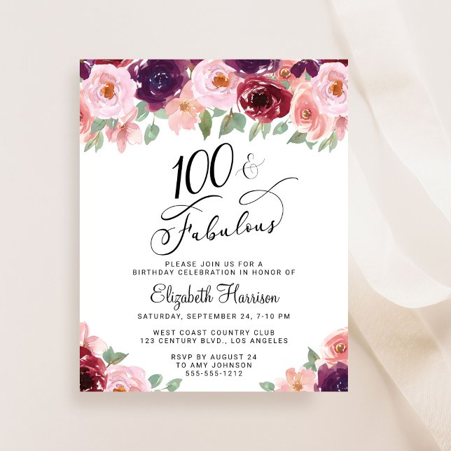 Elegant blomsterlig 100-års födelsedagsinbjudan (100 & Fabulous: Toast to a Life Well Celebrated!)