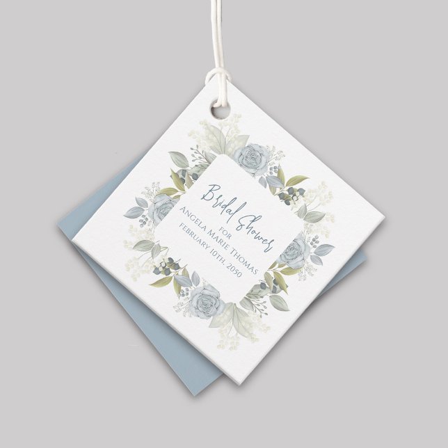 Elegant blomsterlig bröllopsdusch Dammiga blå roso Gåvor Etiketter (Bridal Shower blue floral elegant gift tag)