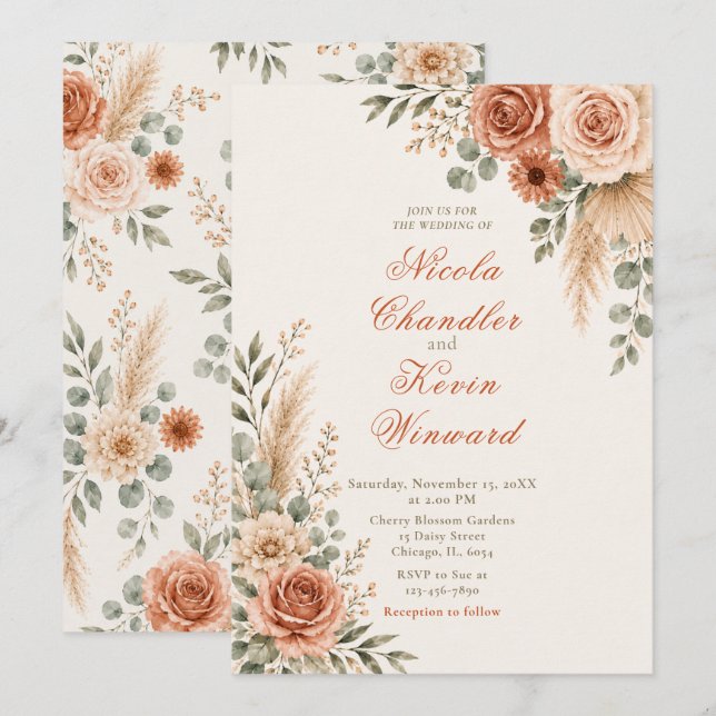 Elegant blomsterlig ceremoni inbjudningar (Fram/baksida)