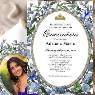 Elegant blomsterlig Quinceanera-inbjudan Blå blomm Inbjudningar