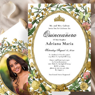 Elegant blomsterlig Quinceanera-inbjudan gul guld Inbjudningar
