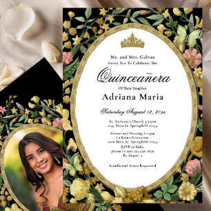 Elegant blomsterlig Quinceanera-inbjudan gul guld Inbjudningar