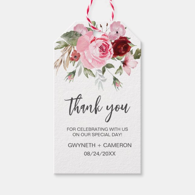 Elegant blomsterlig röd och rosafärgad tackfavor presentetikett (Framsidan)