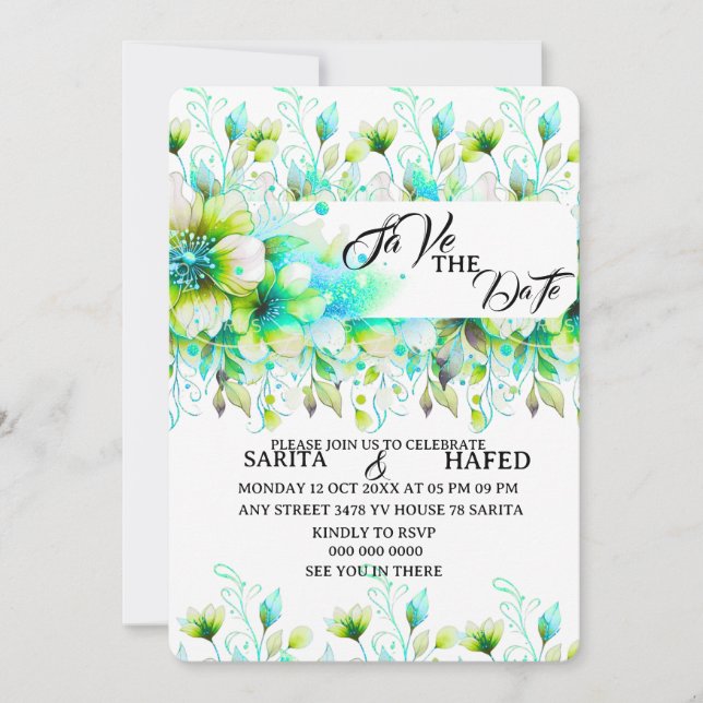 Elegant blomsterlig save the date-mall, vildblomma spara datumet (Framsida)