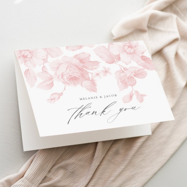 Elegant blomsterlig skript Rosa bröllopsdusch Tack Kort (Elegant floral pink roses bridal shower thank you card.)
