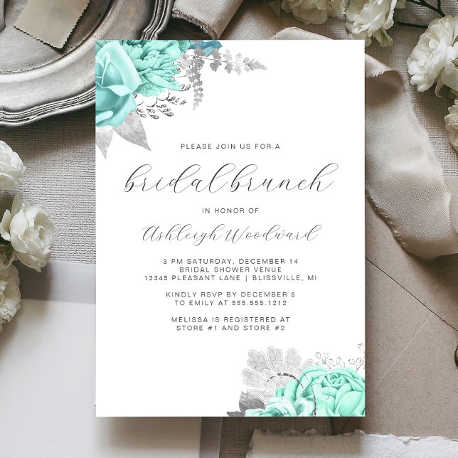 Elegant blomsterlig skriptsilverbröllopsbrunch inbjudningar (Skapare uppladdad)