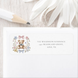 elegant blomsterlig teddy baby shower returadress etikett