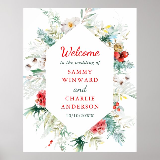 Elegant blomsterlig vinterbröllop välkomstskylt poster (Framsidan)