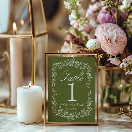 Elegant blomsterlik olivgrön bröllopsbordnummer inbjudningar