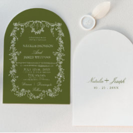 Elegant blomsterlik olivgrön monogrammed bogiven b inbjudningar
