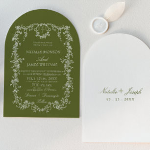Elegant blomsterlik olivgrön monogrammed bogiven b inbjudningar