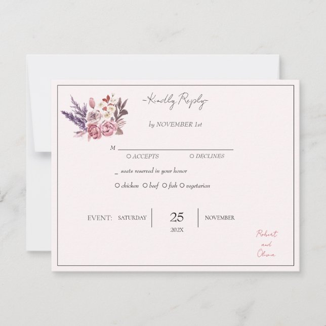 "Elegant blomsterlycka RSVP - Robert & Olivia Inbjudningar (Framsida)