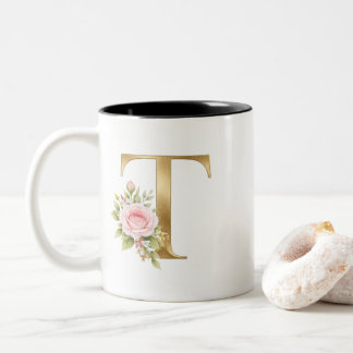 Elegant blomstermönster Bokstav T Monogram Logotyp Två-Tonad Mugg